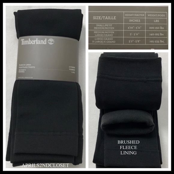 TIMBERLAND 2 BLACK FLEECE LINED LEGGINGS COZY FOOTLESS TIGHTS A3C - Picture 3 of 16